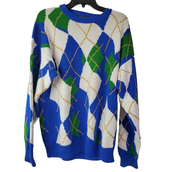 Alan Flusser Other - Alan Flusser‎ Men's Sweater M Blue Green Golf Cotton Argyle Knit Crewneck